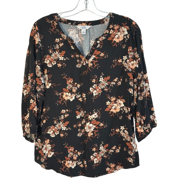 croft & barrow Tops - Croft & Barrow Floral Print Top 3/4 Sleeve V-Neck Blouse Black Brown Orange S
